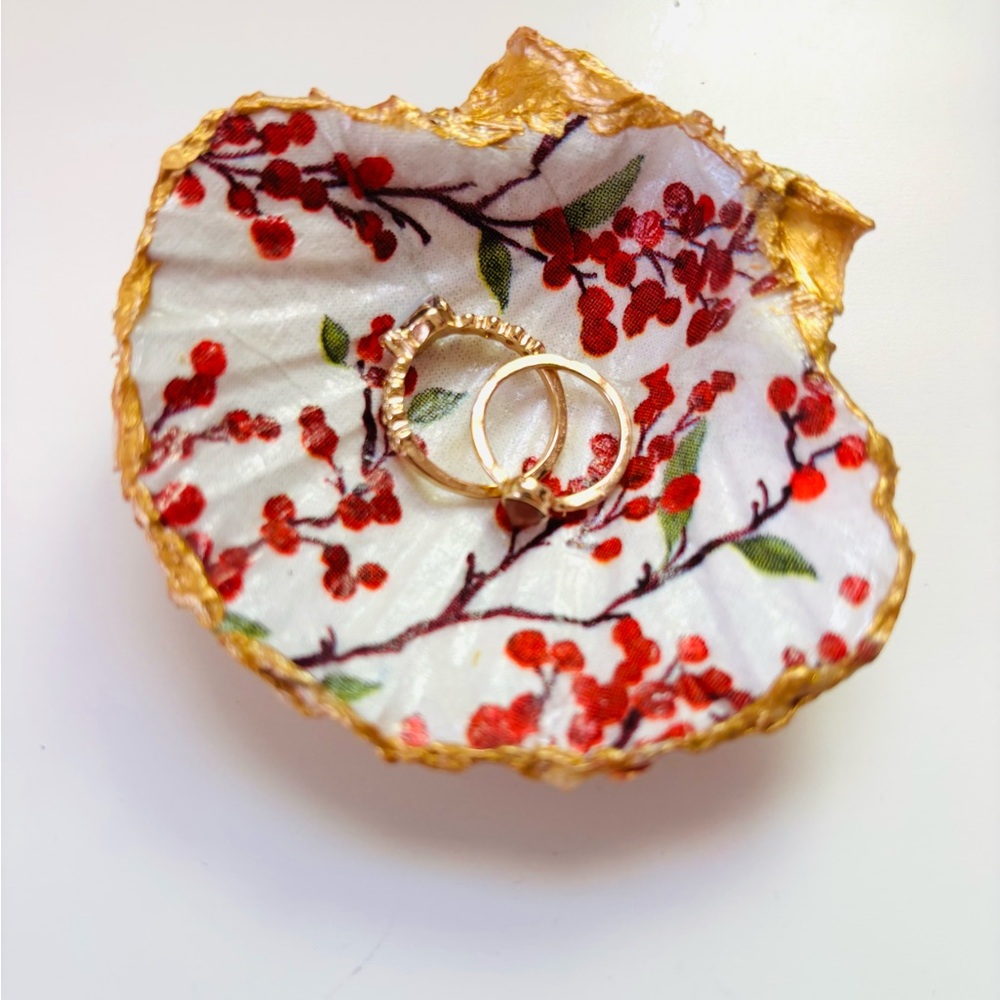 Handcrafted Scallop Shell Trinket Dish With Winter Berry Decoupage Design